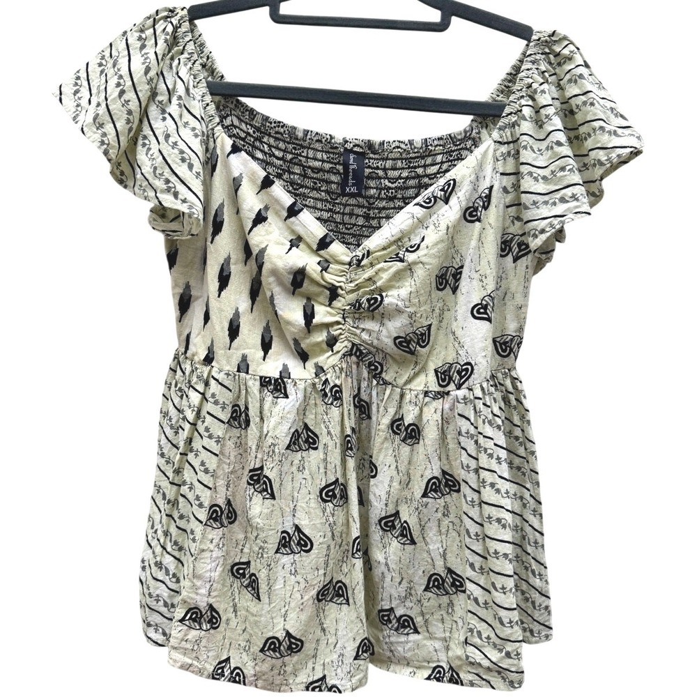 Sacred Threads Babydoll Mixed Print Top Cream Black Size XXL Boho Flutter Sleeve - Picture 2 of 5